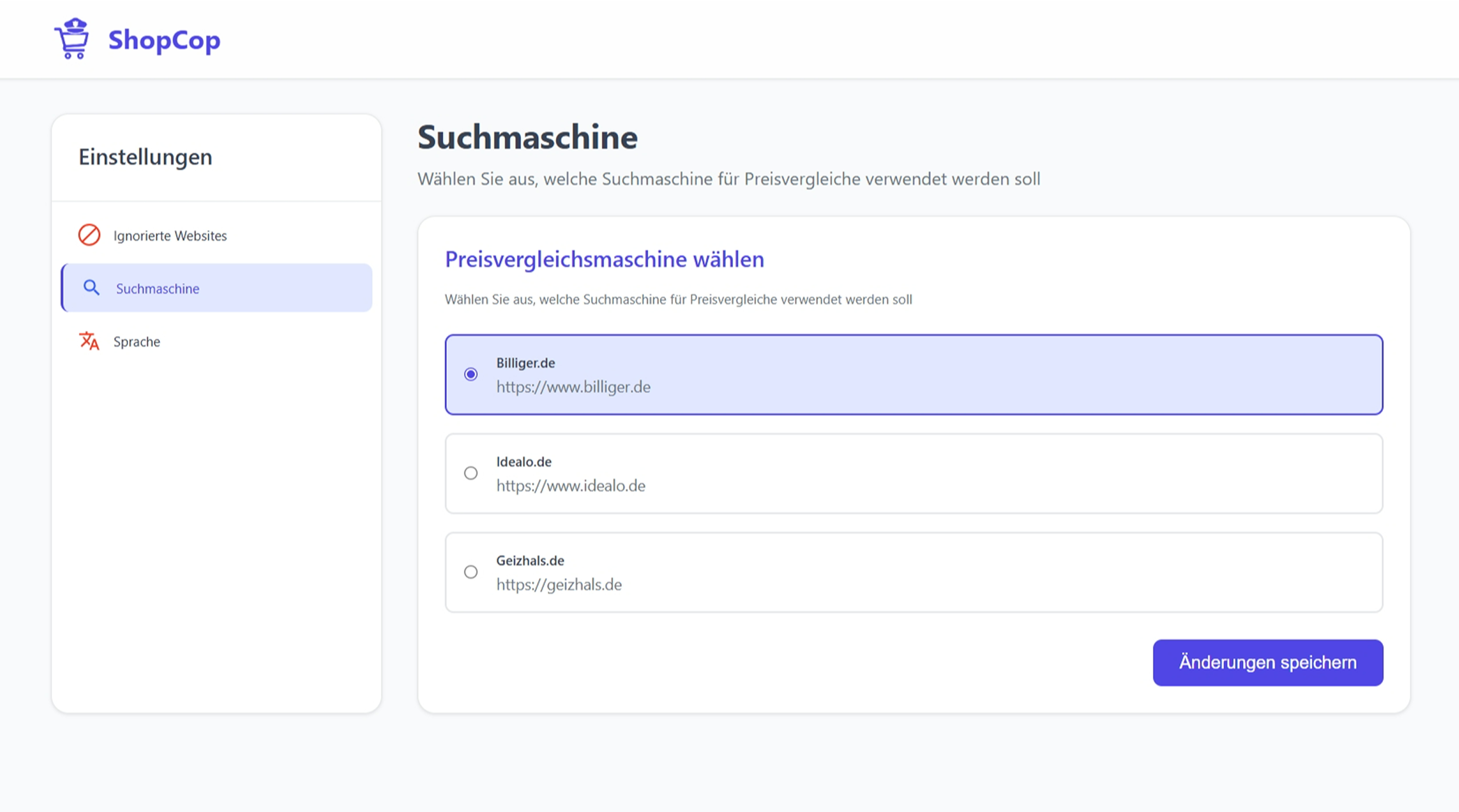 Ein Dashboard mit drei Auswahlmöglichkeiten: Sprache, Preisvergleichssuchmaschine und ignorierte Websites.