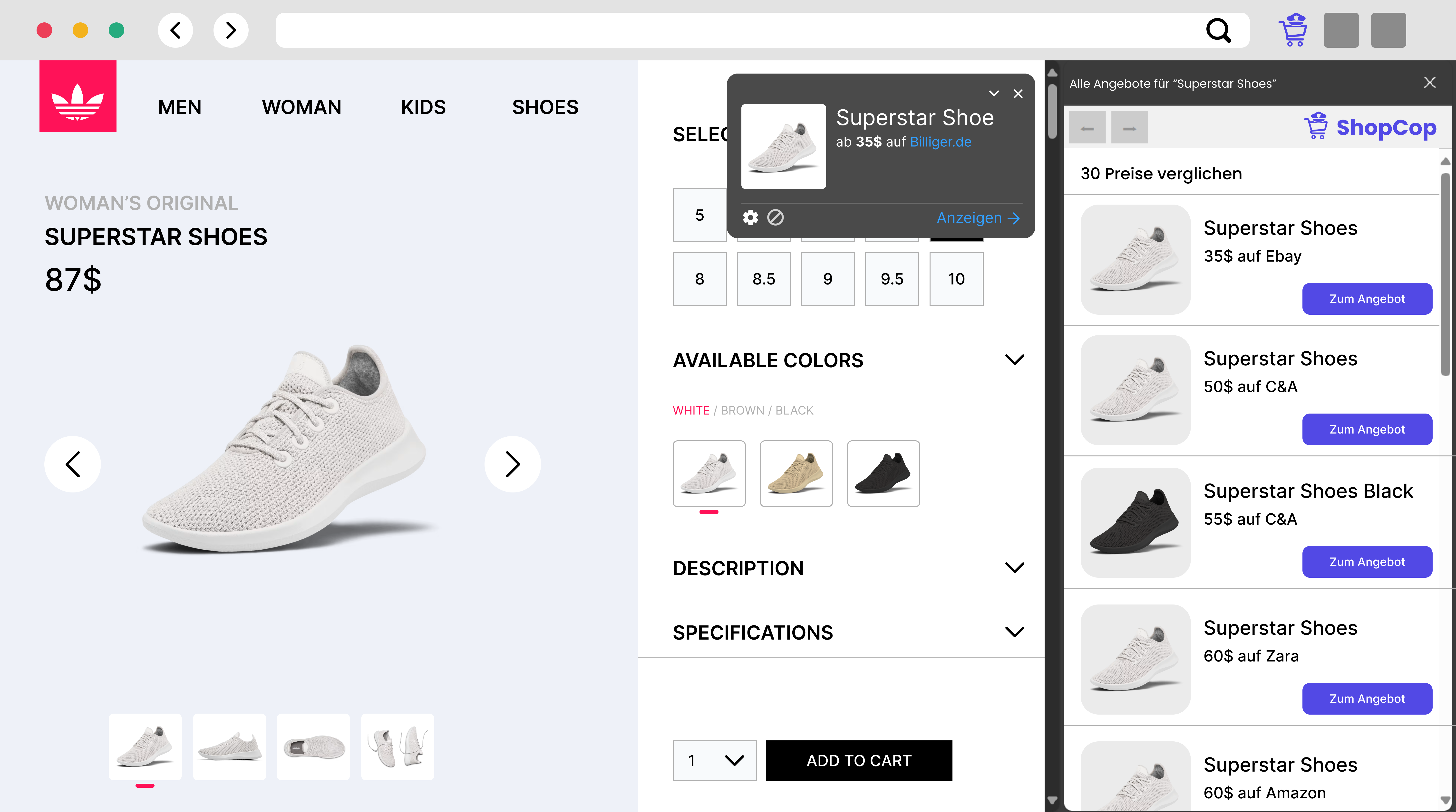 Eine Shoppingwebsite mit einem Sidepanel auf der rechten seite in welchem die besten Preise für das gesuchte Produkt angezeigt werden