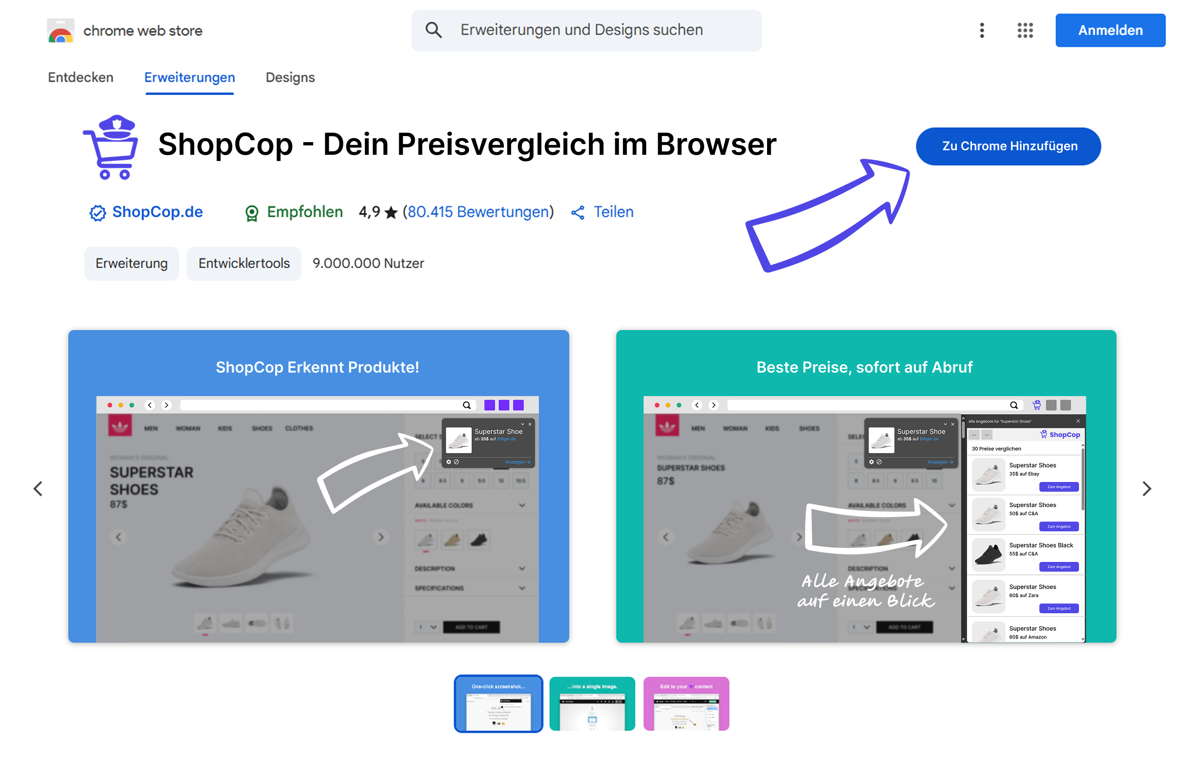 Screenshot der ShopCop Chrome Web-Store Seite