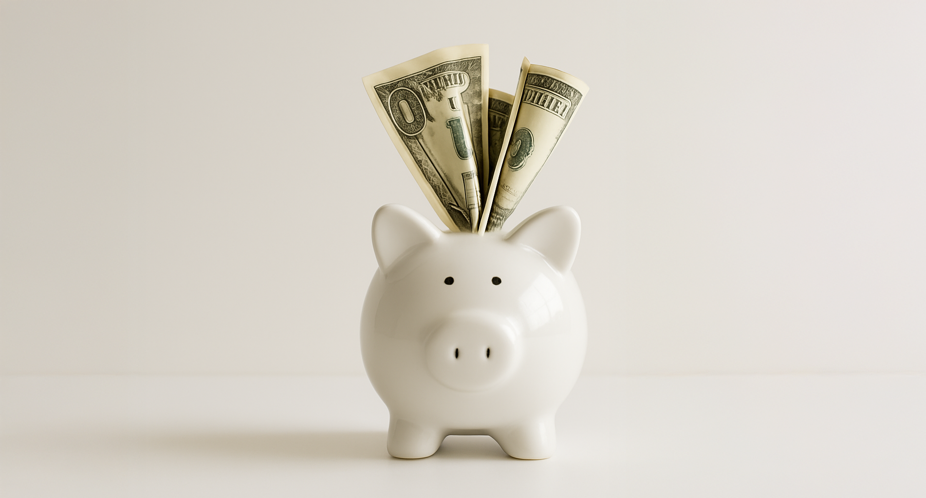 Weißes Sparschwein gefüllt mit Amerikanischen Dollar-Scheinen auf einem weißen Hintergrund