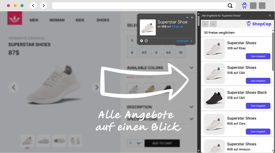 Preisvergleichspanel von ShopCop offen auf dem Adidas Online-Shop für einen Weißen Schuh