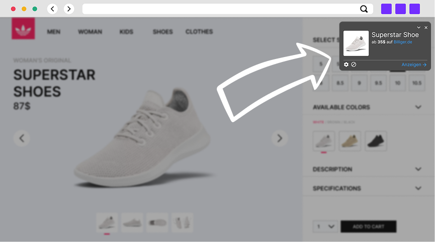 Screenshot der Adidas Online-Shopping Seite mit einem weißen Schuh in der Produktansicht
